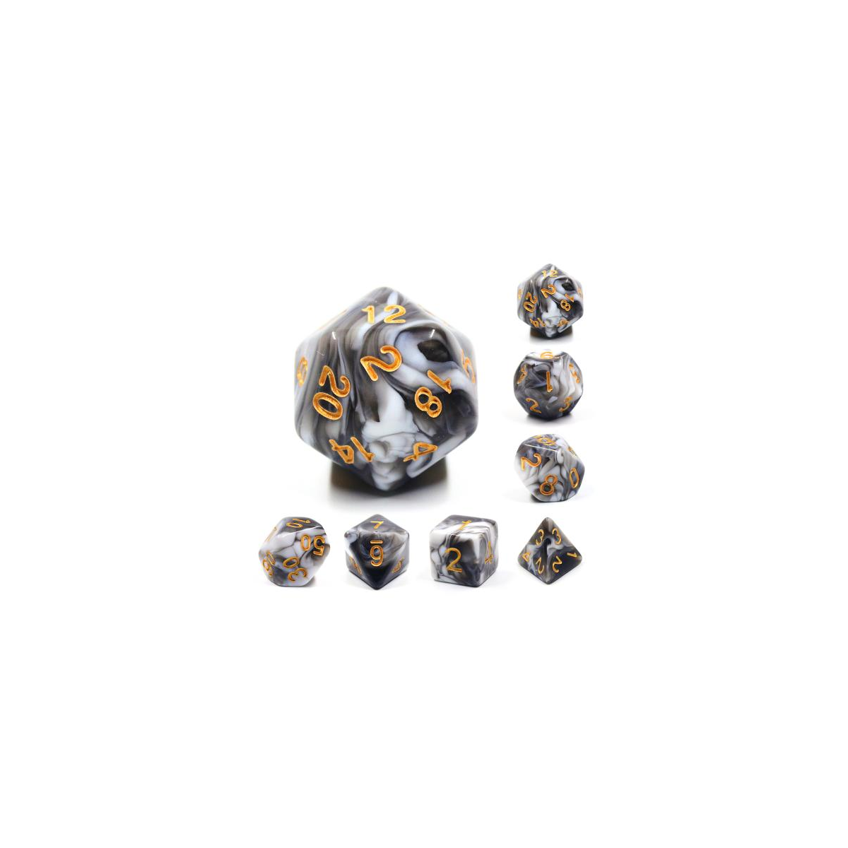  Lot de 7 dés en boîte – Fusion Noir et blanc